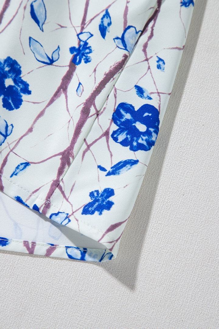 waffle floral patchwork short flounce sleeve peplum blouse