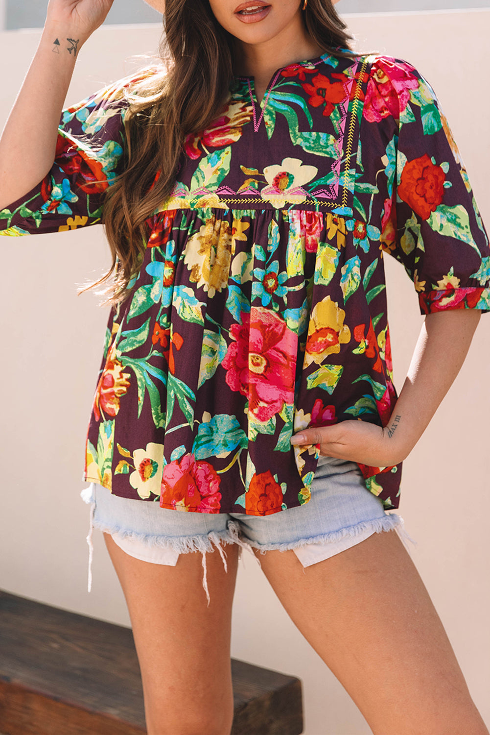 Rose Flower Embroidered Trim Half Sleeve Blouse