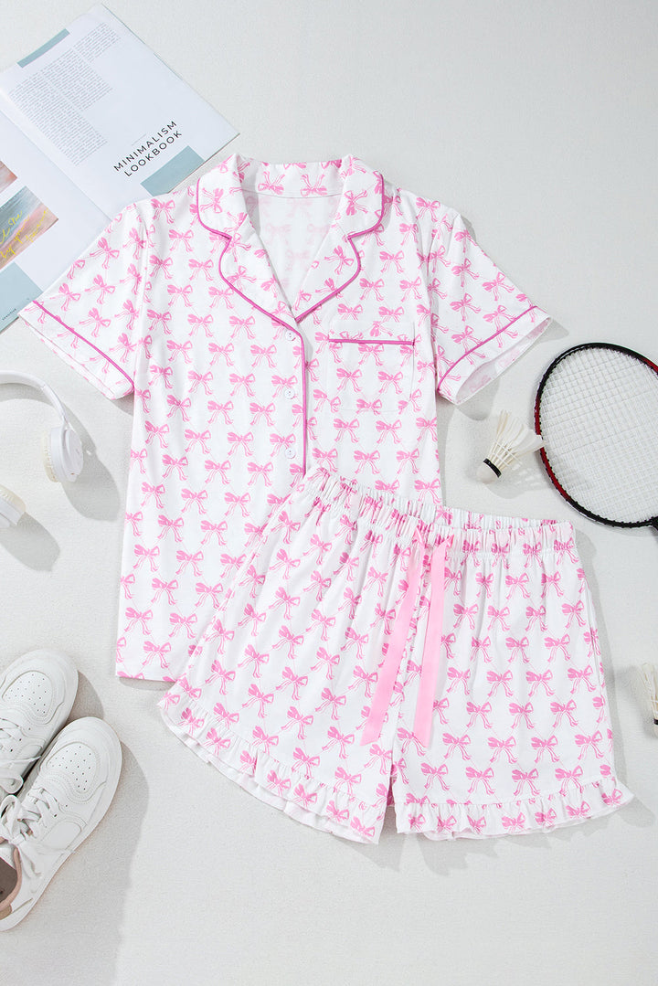 bowknot printed short sleeve and ruffled shorts pajama set