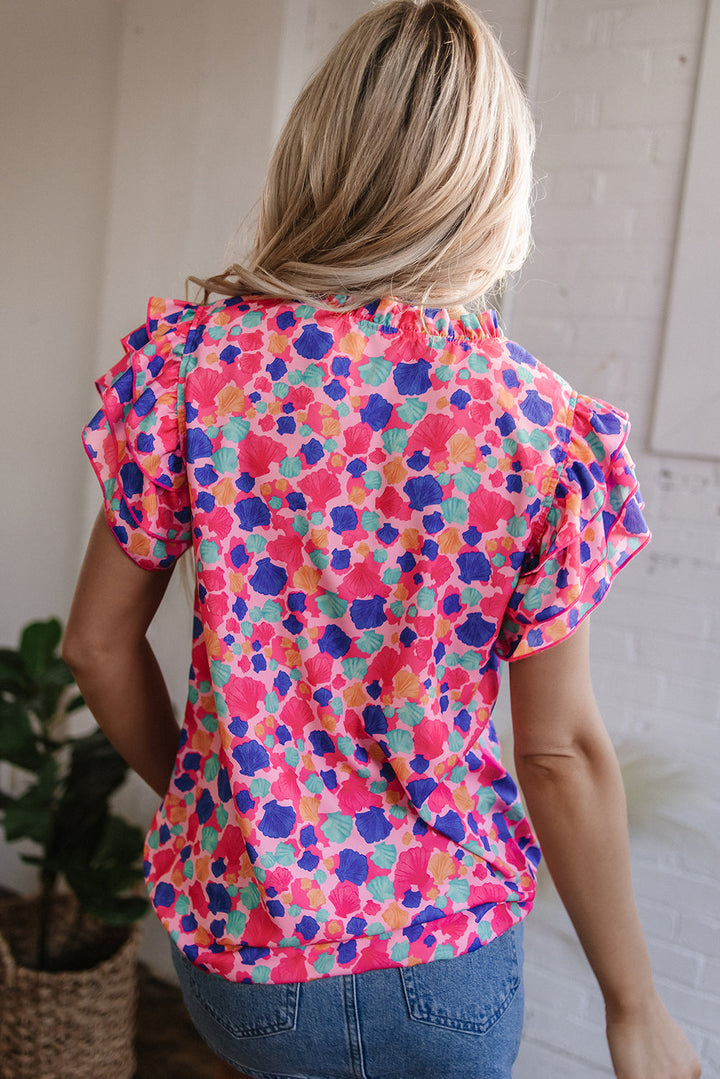 Abstract Print Ruffled Sleeve V Neck Blouse