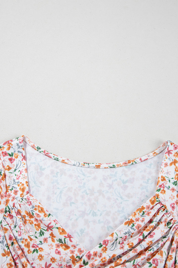 Short Sleeve Floral Ruched Sweetheart Bodysuit