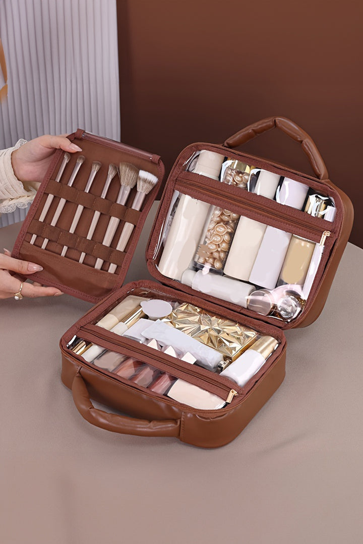 Trousse de maquillage en cuir PU à carreaux avec plusieurs compartiments