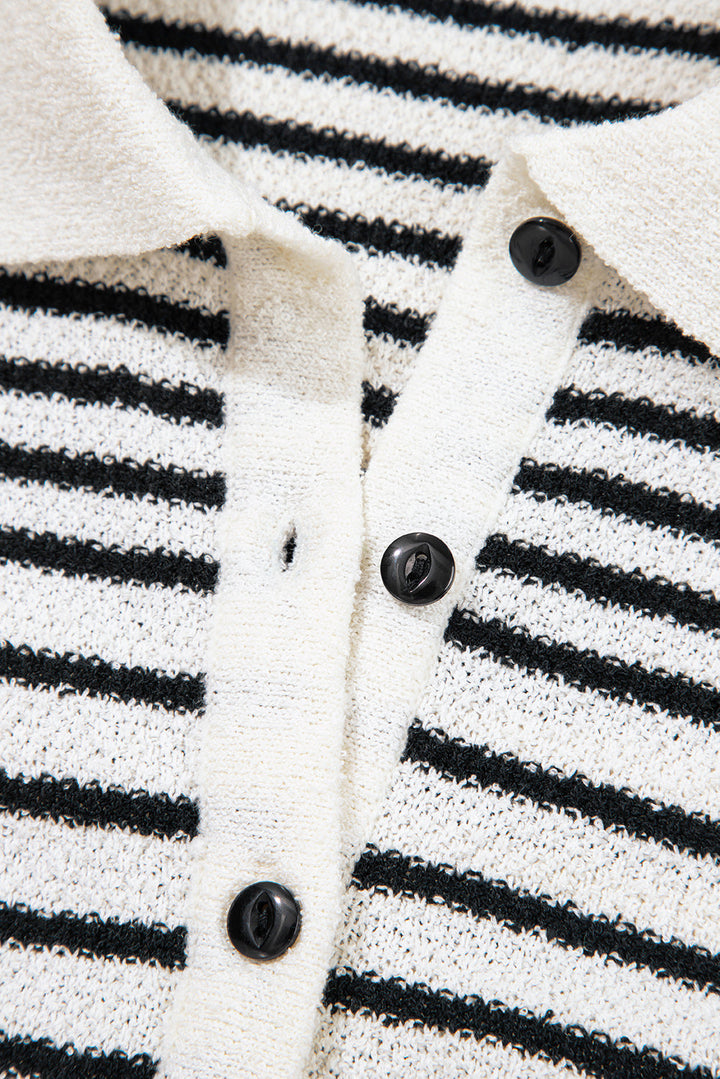 Mixed Striped Print Half Placket Collared Cap Sleeve Bodycon Sweater Dress