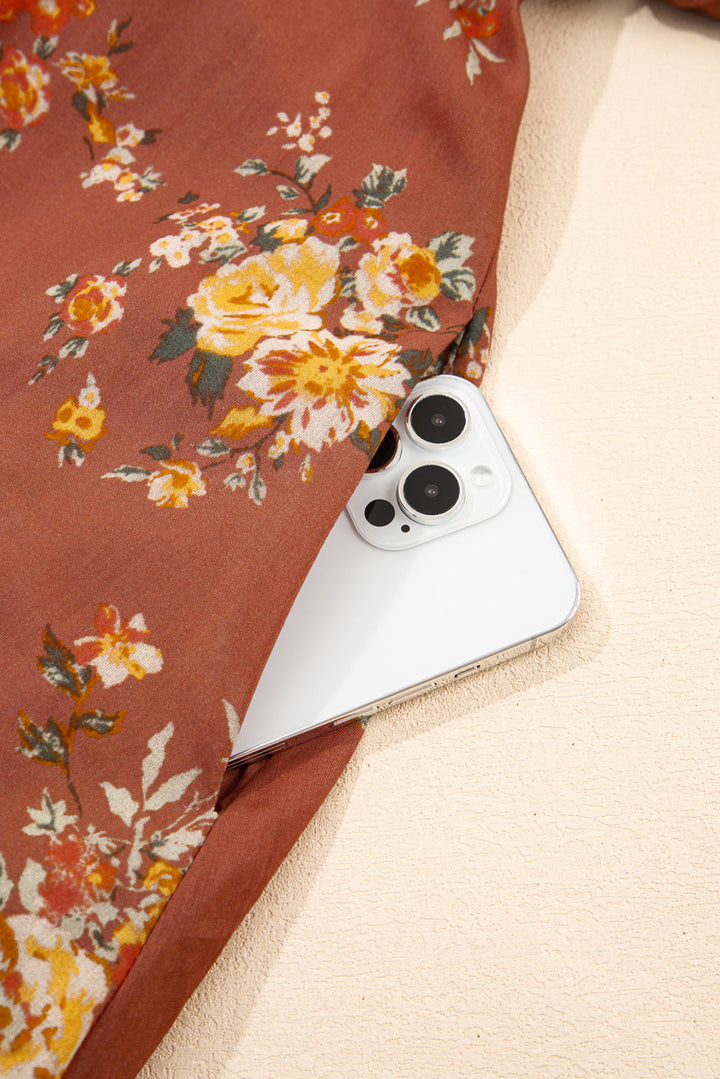 floral puff sleeve square neck knot open back mini dress