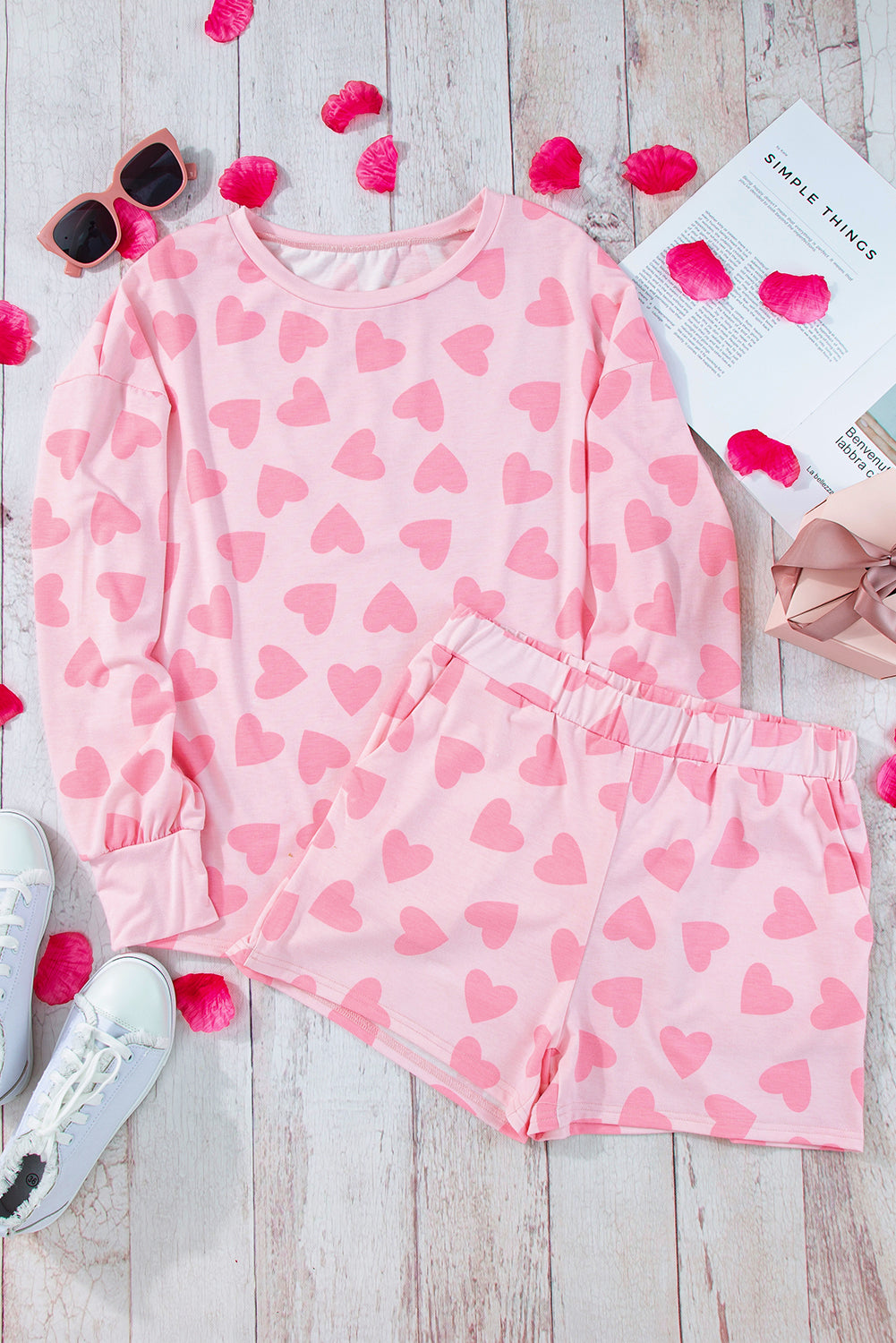 valentine heart shape print long sleeve top shorts lounge set 1