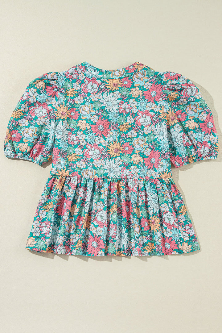 notched neck puff short sleeve floral blouse