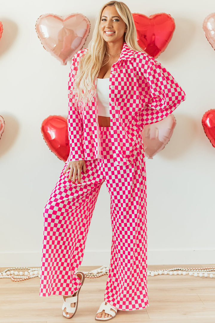 checkered buttoned shirt and high waist pants pajama set