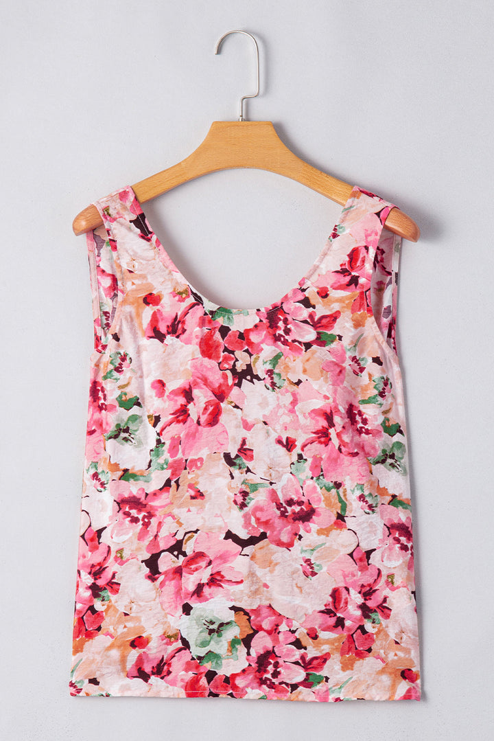 Floral Round Neck Twisted Cut Out Back Tank Top
