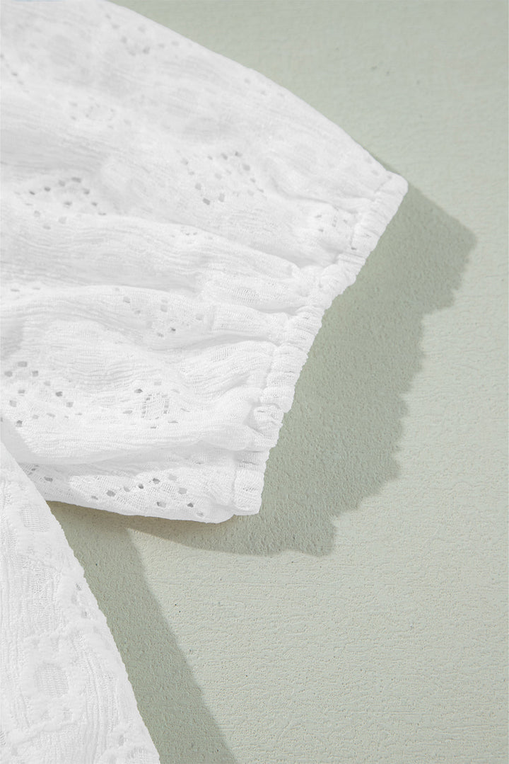 Lace Puff Sleeve V Neck Button Up Shirt
