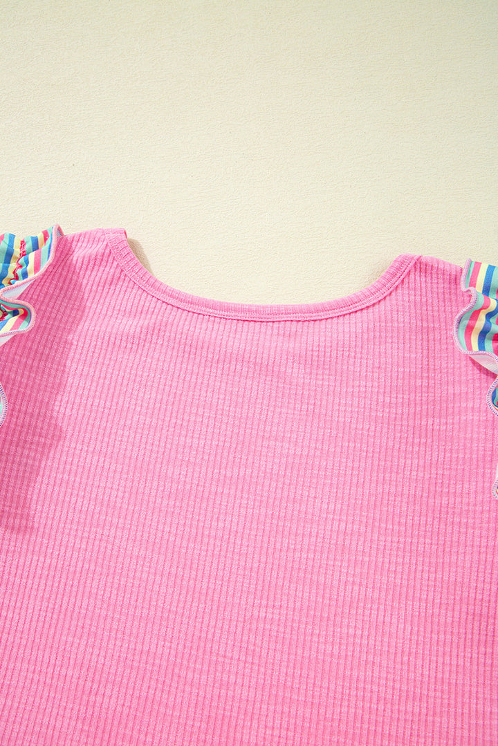 striped ruffle flutter sleeve ribbed blouse
