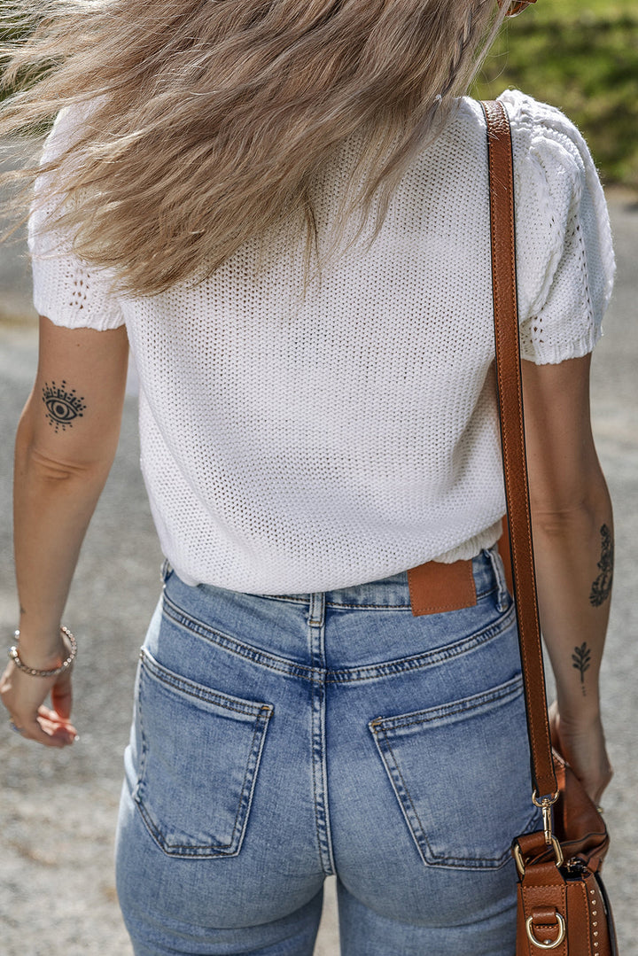 Pointelle Knit Short Puff Sleeve Crewneck Sweater