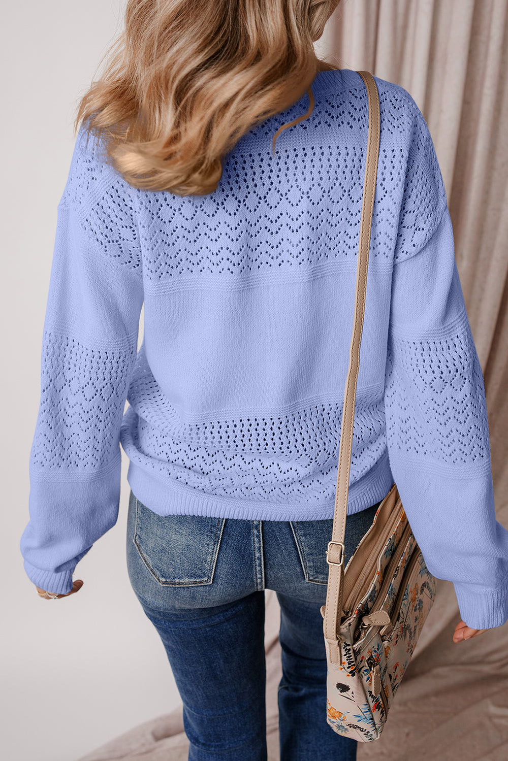 Eyelet Pattern Detail V Neck Drop Shoulder Sweater
