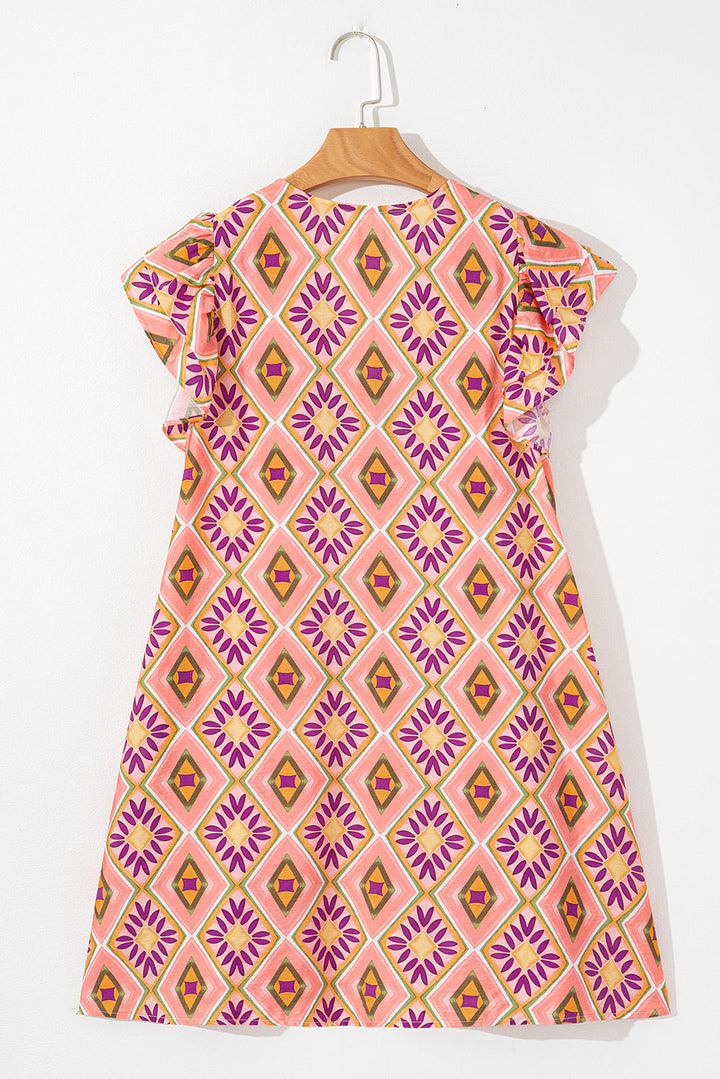 Geometric Floral V Neck Buttoned Ruffled Sleeve Mini Dress