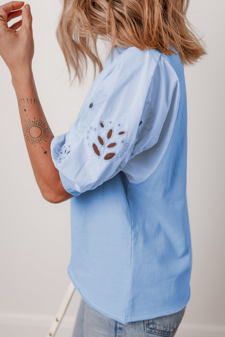 Eyelet Flower Embroidered Puff Short Sleeve Patchwork Crew Neck Blouse