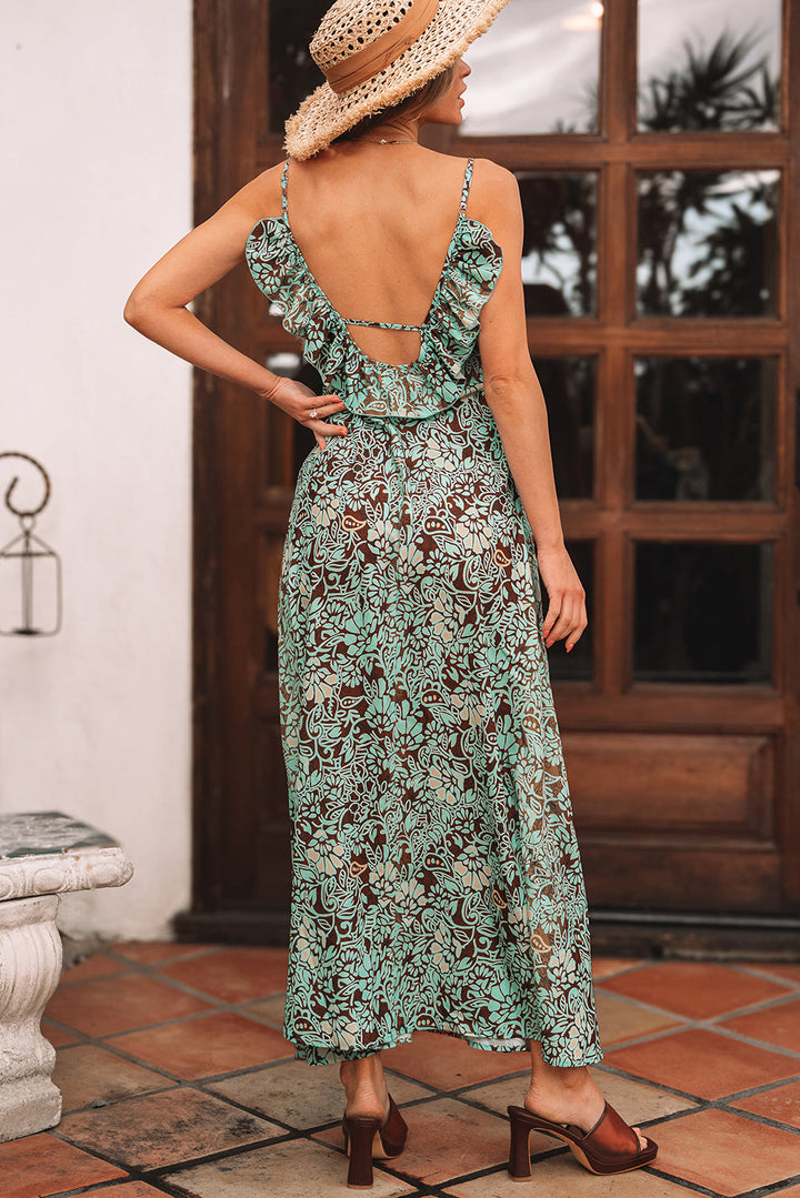 Floral Print V Neck Ruffled Trim Backless Tassel Waist Maxi Dress