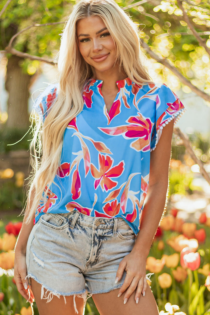 floral print v neck pompom trim flutter sleeve blouse