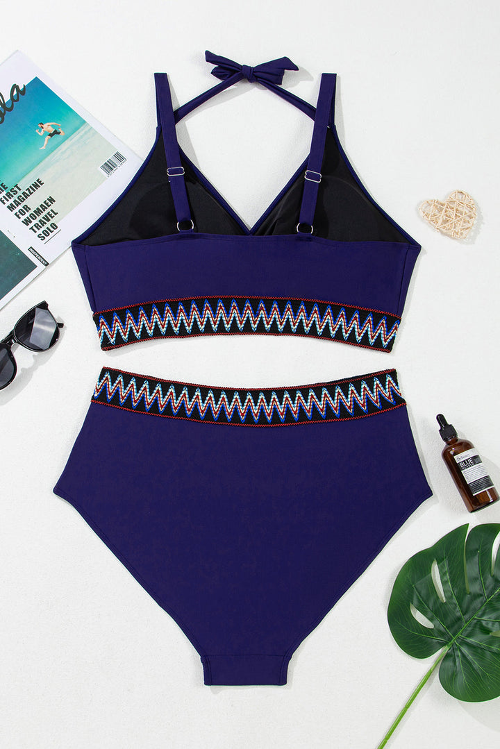 Embroidered Trim Wrap Tie Knot Plus Size High Waisted Bikini