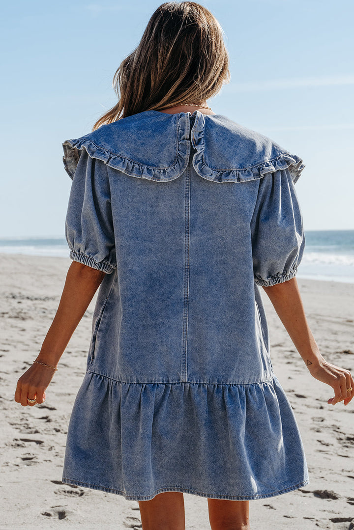 Ruffled Collared Side Pockets Puff Sleeve Denim Mini Dress