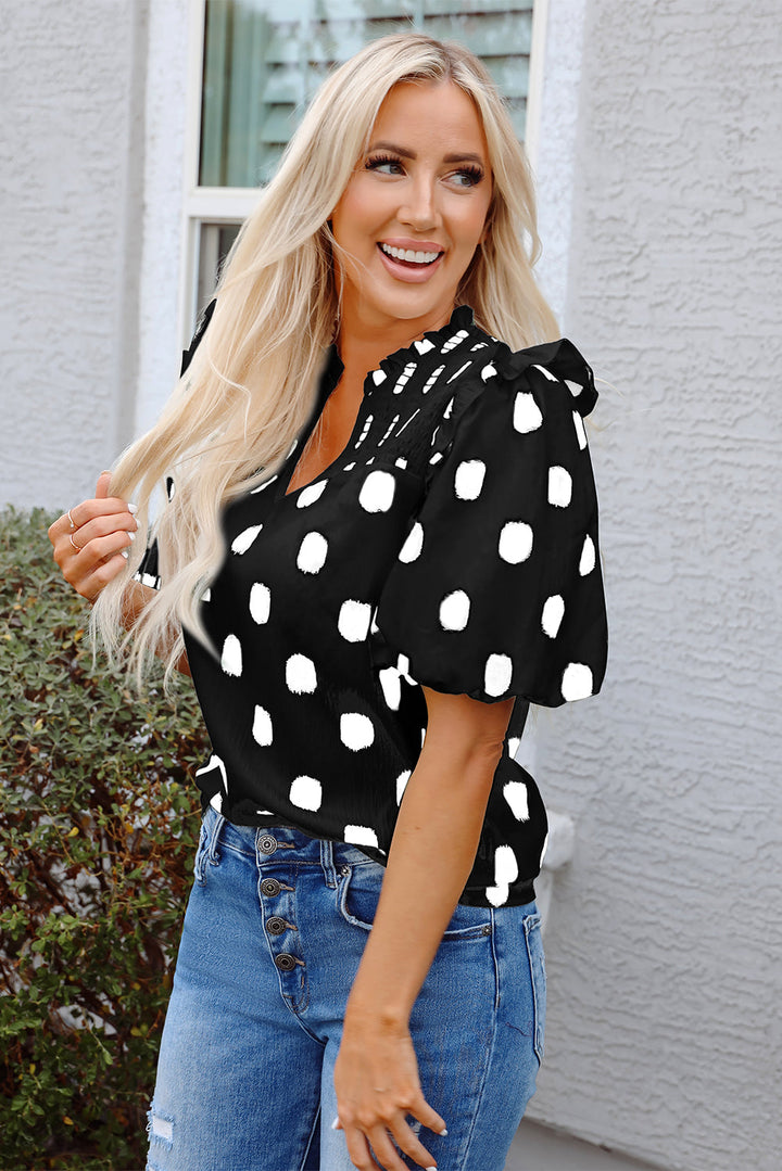 Polka Dot Print Shirred Yoke Notched Neck Balloon Sleeve Blouse