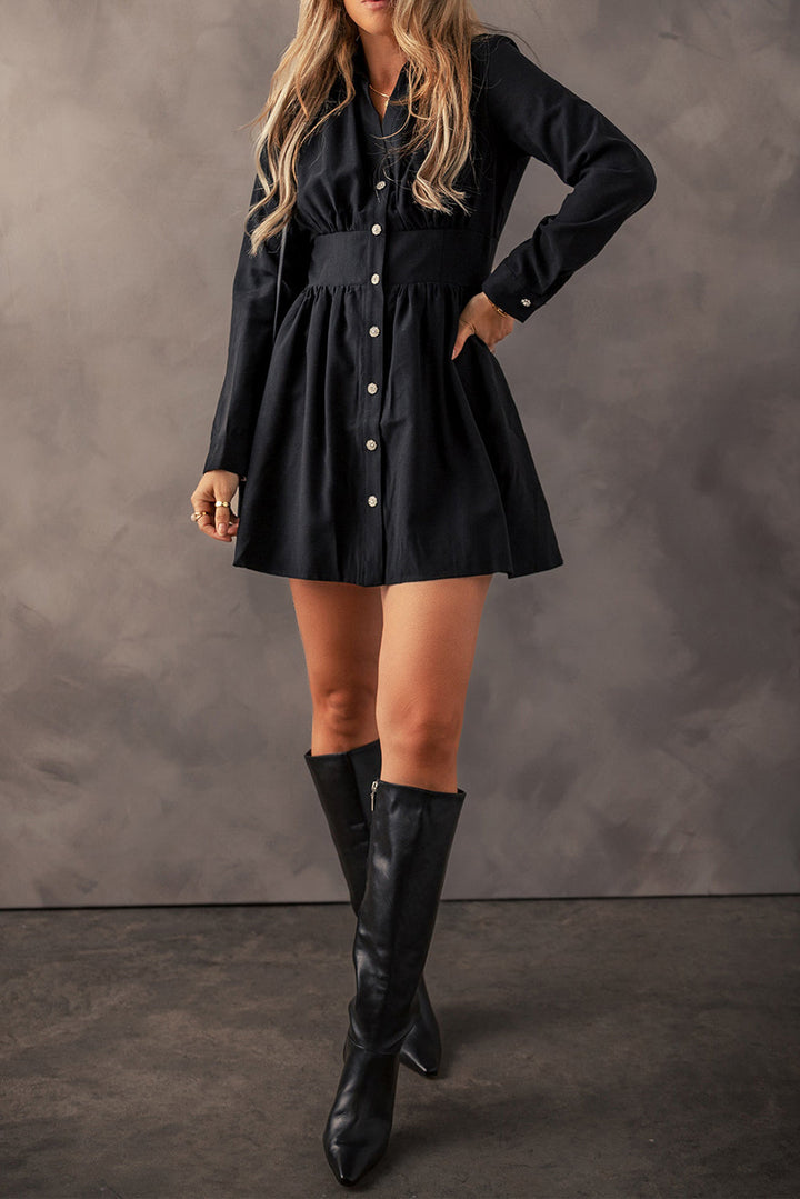 Elastic Cinched High Waist Long Sleeve Shirt Mini Dress