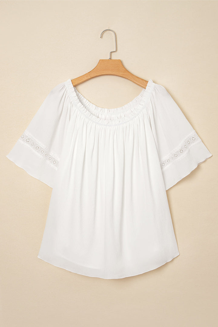 frilly off shoulder lace insert sleeve textured blouse