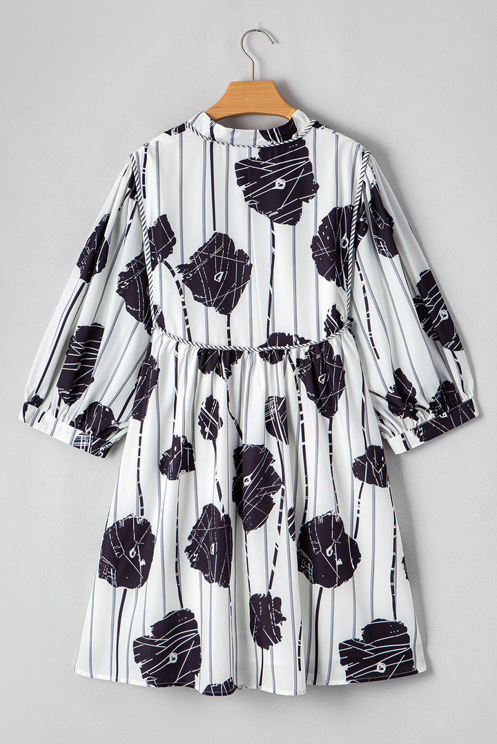 Plus Size Floral 3/4 Puff Sleeve Lace-up Neck Mini Dress