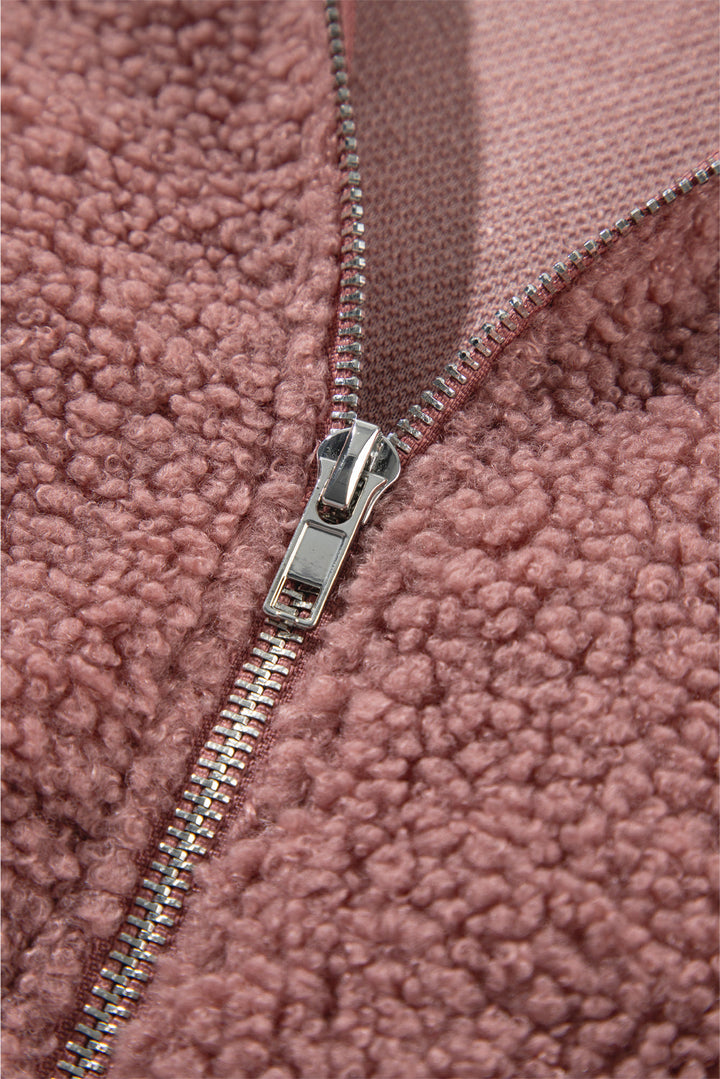 Sherpa Patchwork Lace Elastic Cuff Zip Up Jacket