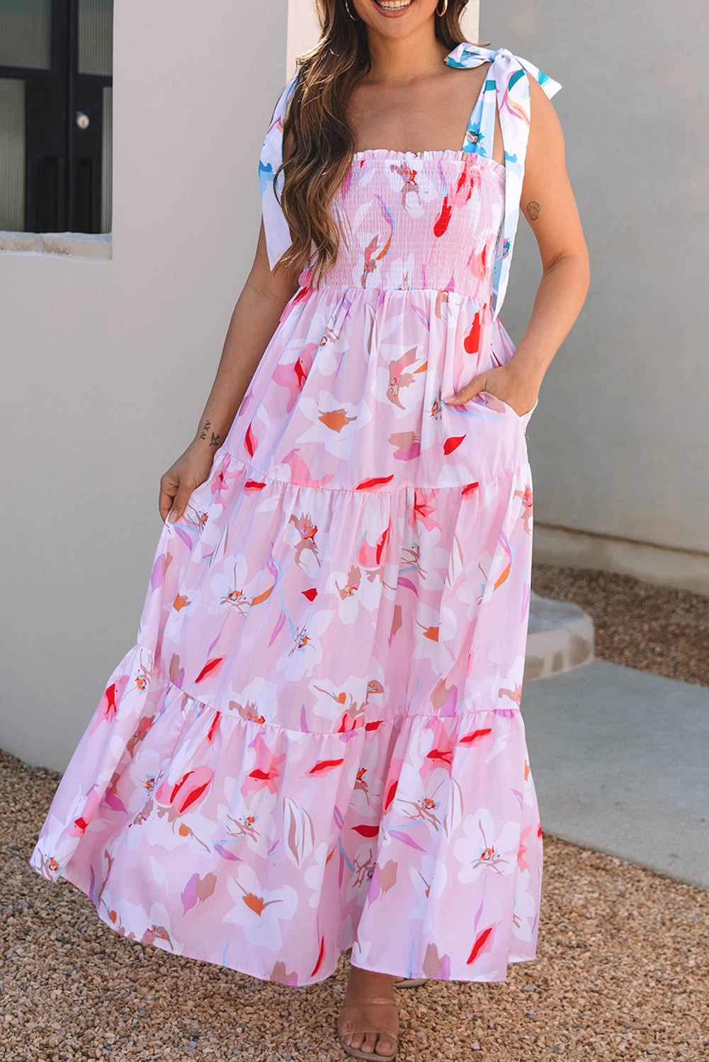 Floral Print Knotted Shoulder Smocked Maxi Dress