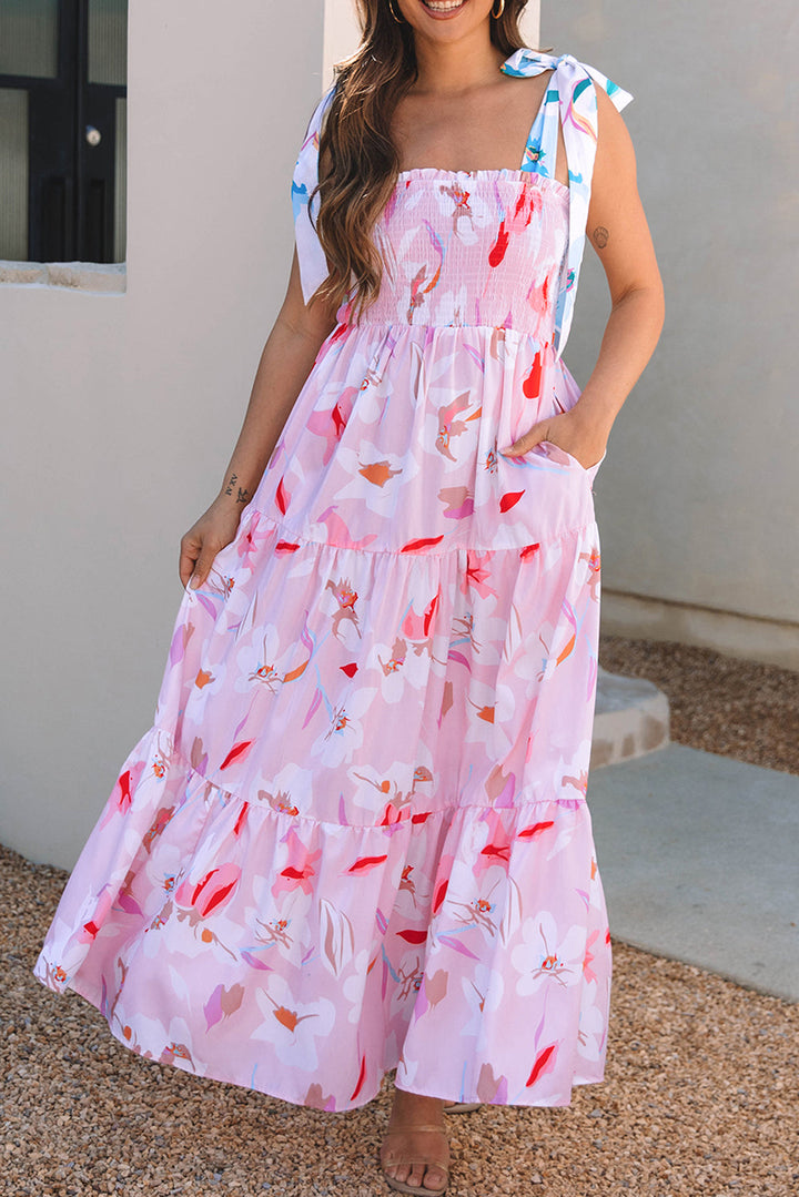 Floral Print Knotted Shoulder Smocked Maxi Dress