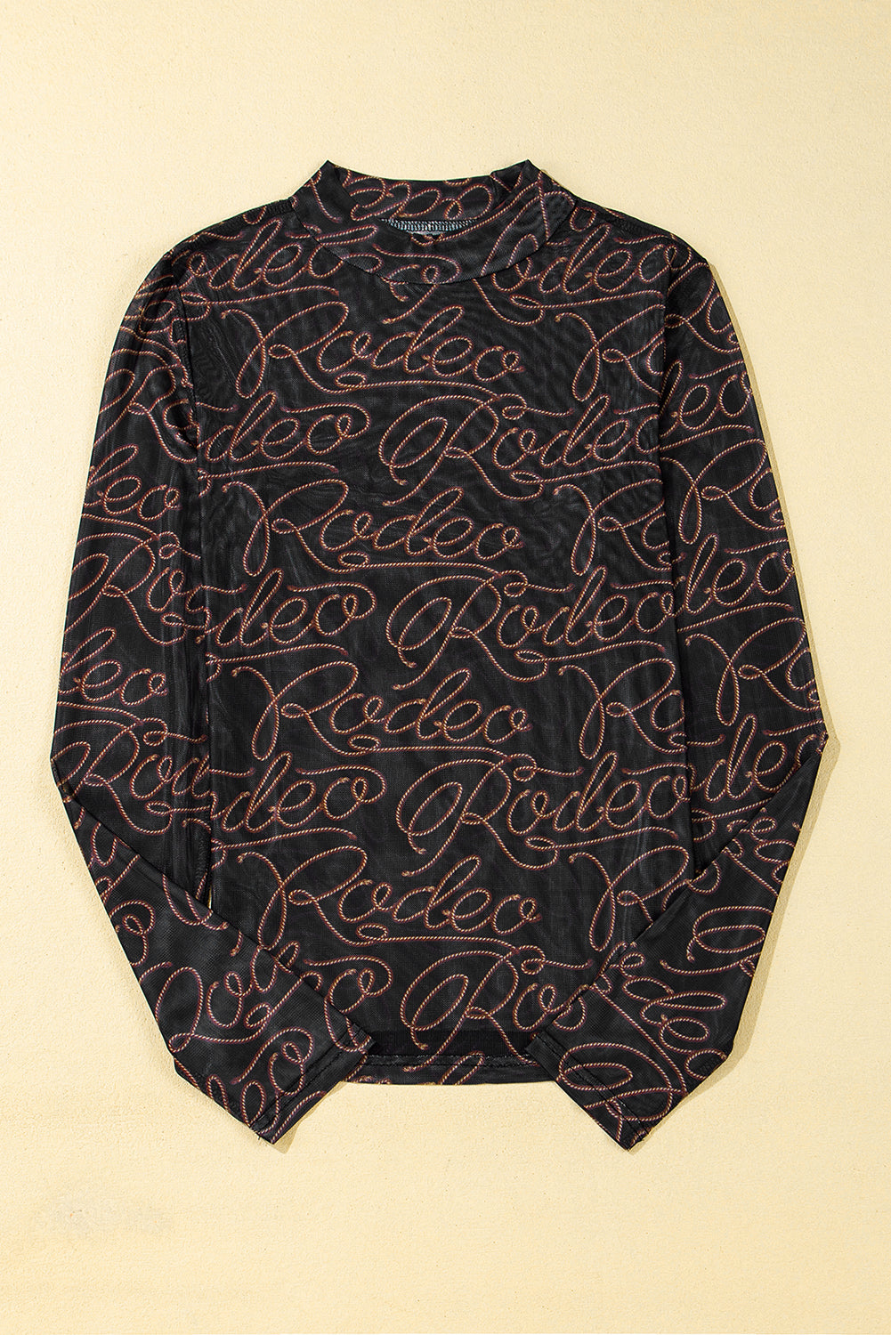 Langärmliges Netzoberteil mit Stehkragen und Western-Rodeo-Print