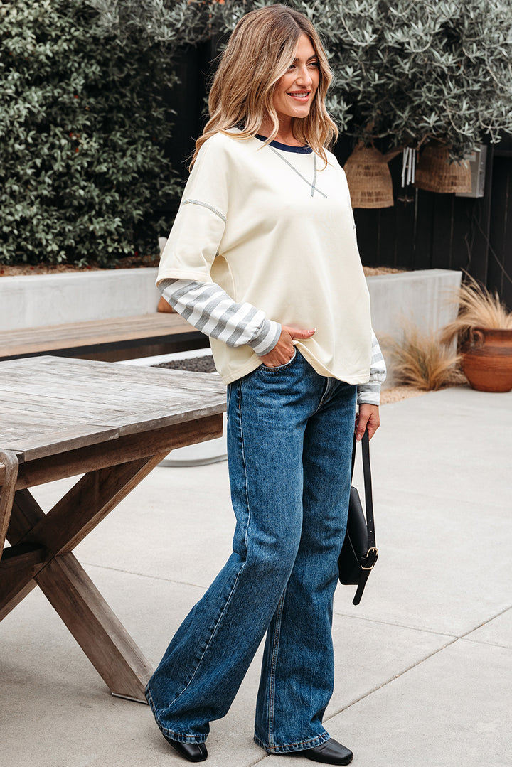 Beige gestreiftes Patchwork-Top mit langen Ärmeln und Rundhalsausschnitt