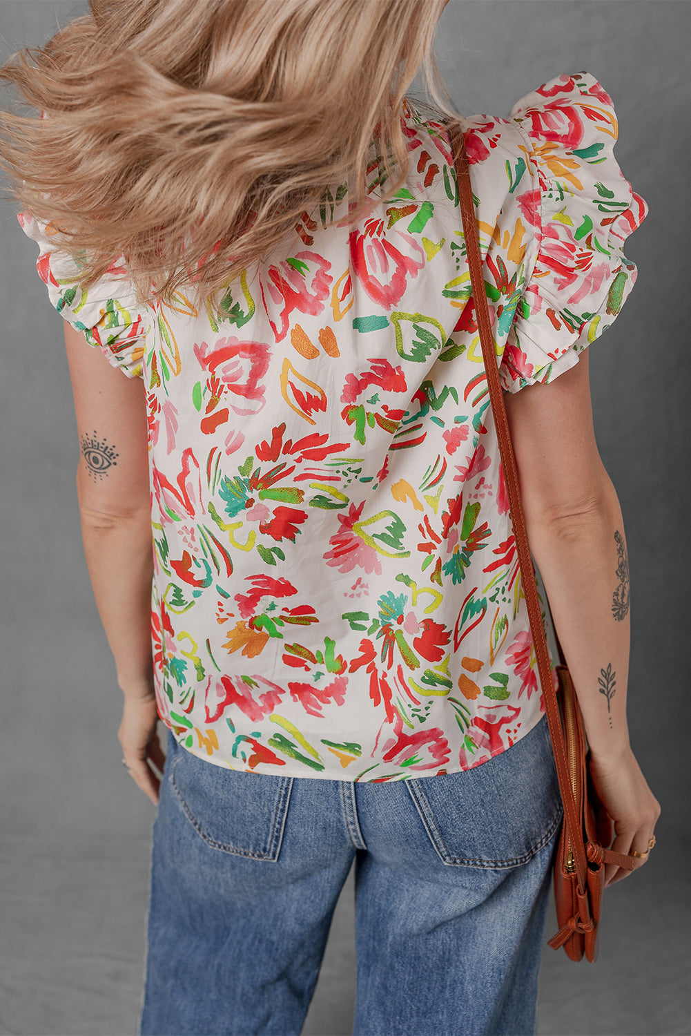 allover floral printed flutter sleeve split neck blouse