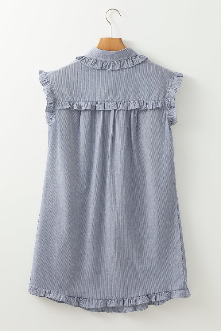 Frilled Sleeveless Collar Front Pocket Button Up Mini Dress