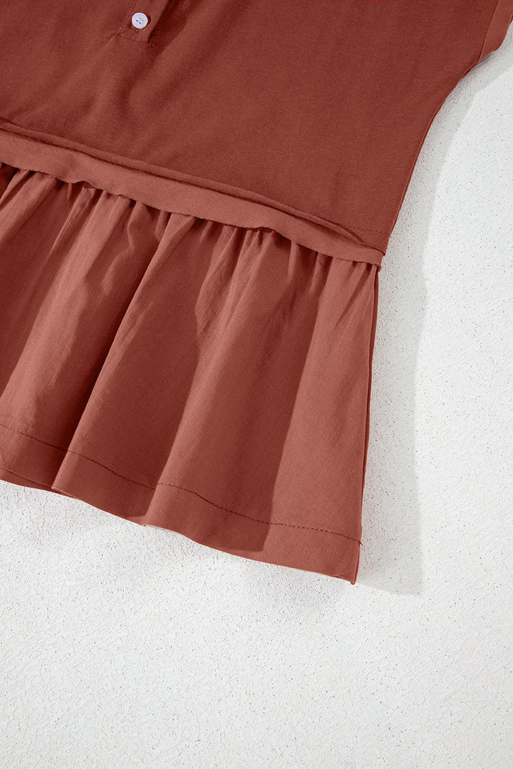 short sleeve u neck buttons splicing ruffle blouse