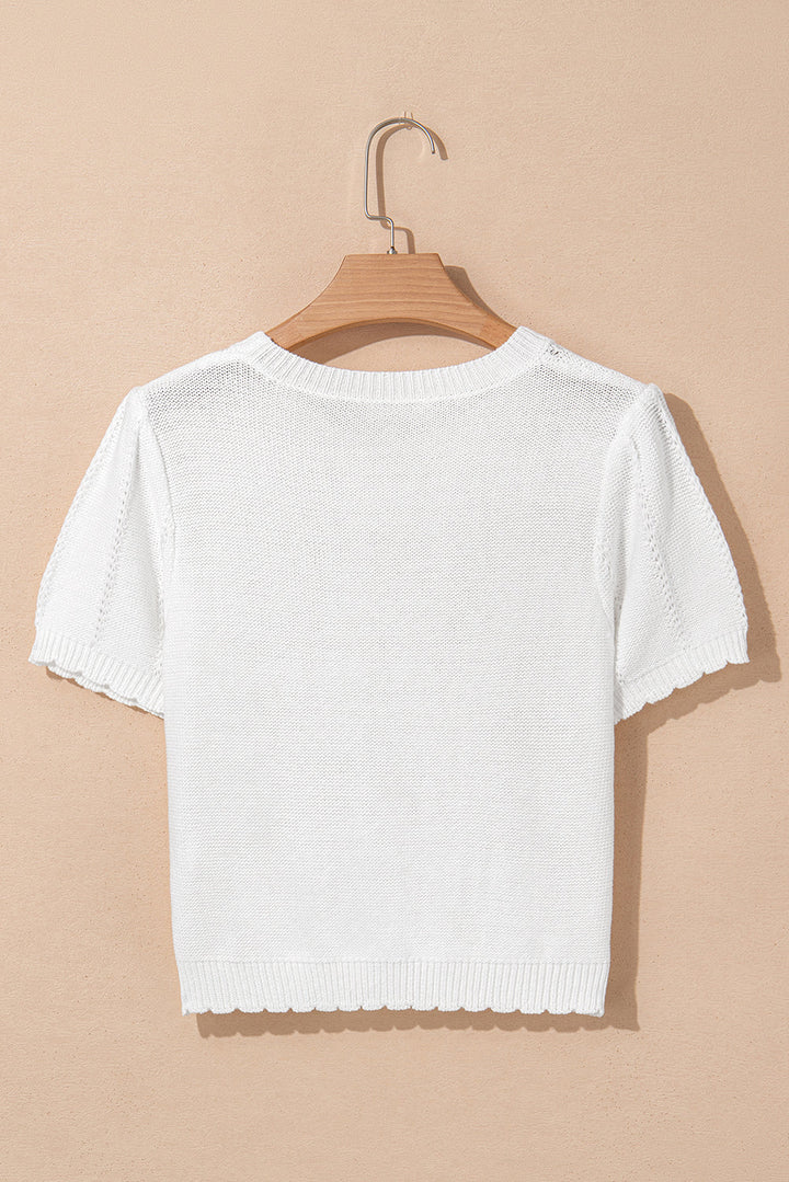 Pointelle Knit Short Puff Sleeve Crewneck Sweater