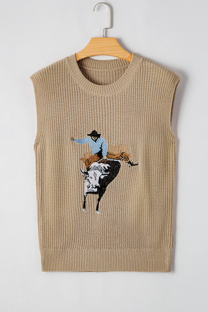 Western Cowboy Embroidery Round Neck Sleeveless Sweater