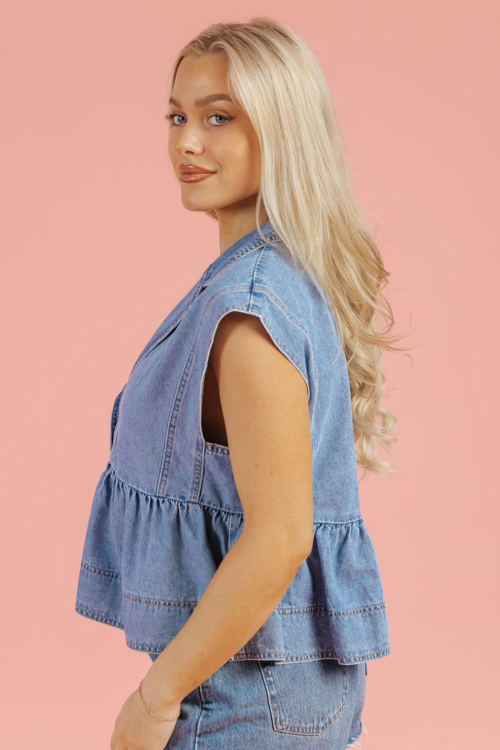 Lapel Denim Babydoll Top