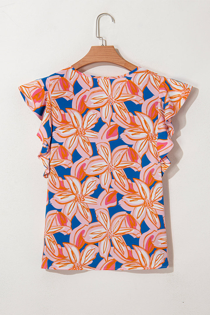 summer flower print notched neck ruffle sleeve blouse