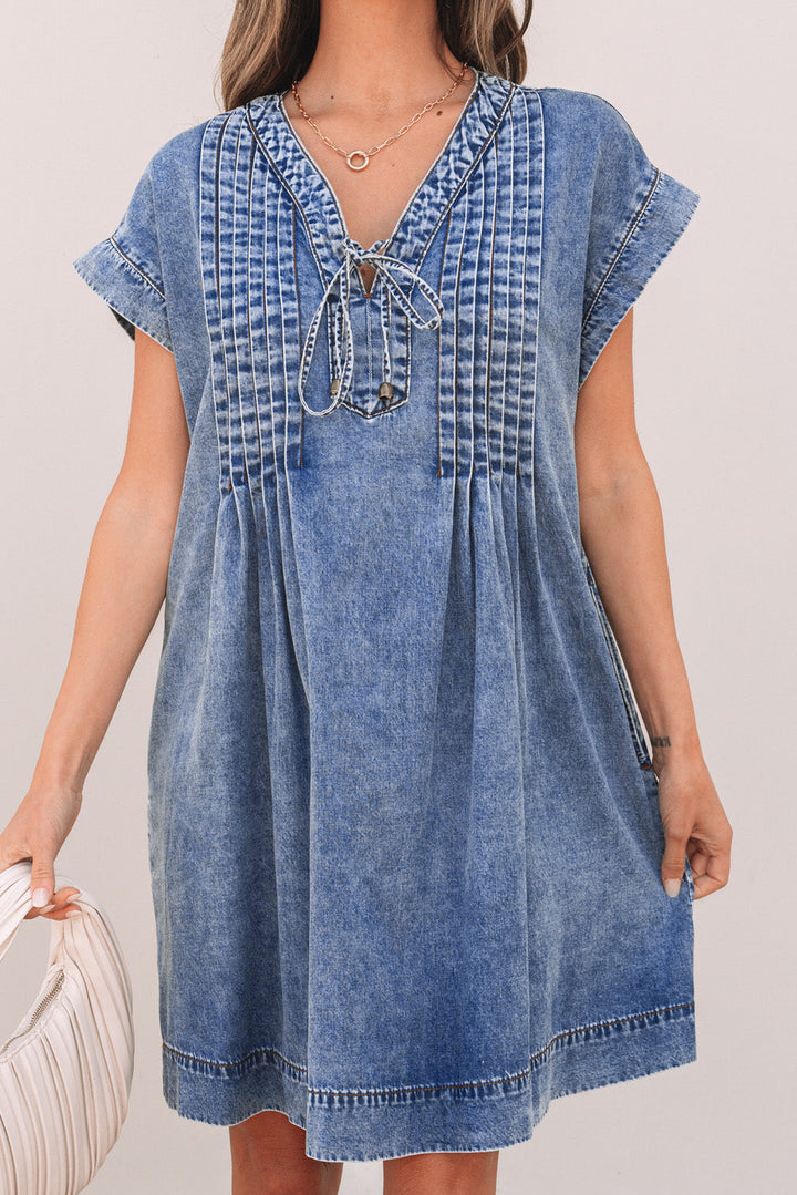 Tie V Neck Tucking Detail Short Sleeve Denim Shift Dress