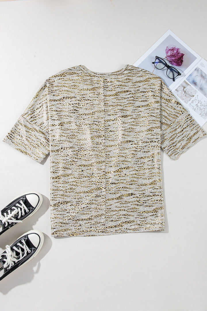 leopard print half sleeve v neck loose fit t shirt