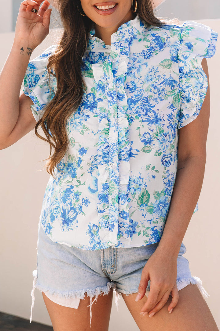 Floral Print Ruffle Sleeve Frilly Button Up Shirt