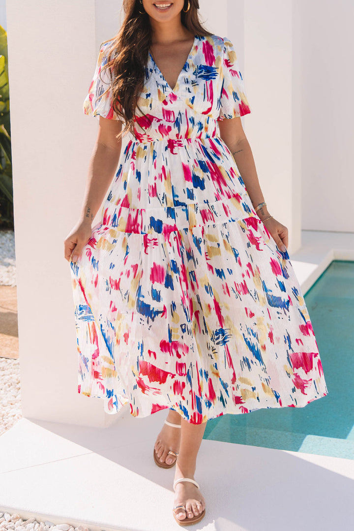 Abstract Print Short Puff Sleeve Tiered Maxi Dress