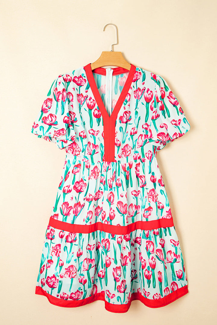 floral print contrast trim v neck bubble short sleeve babydoll dress