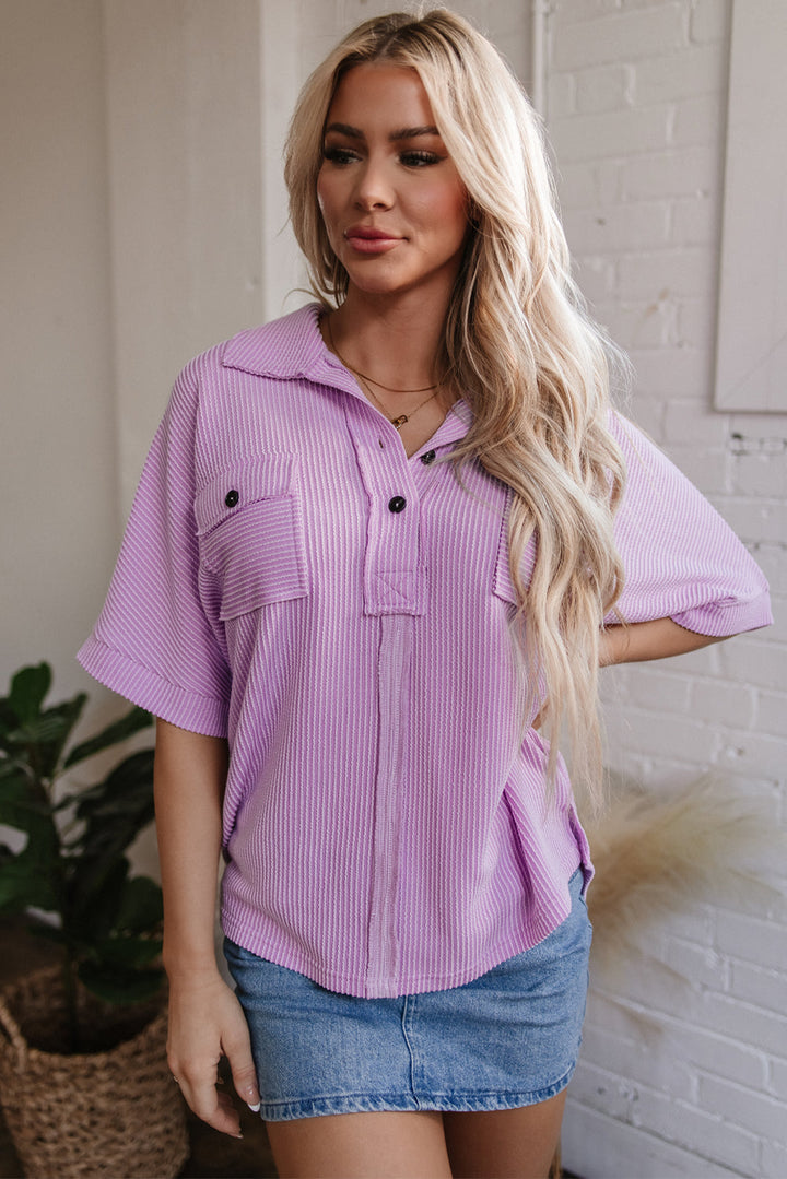 Corded Flap Pocket Collared Buttoned Short Sleeve Blouse