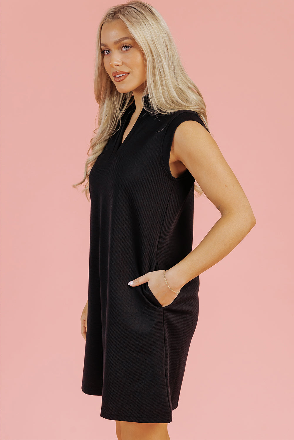 Solid Color Collared Slit Neck Sleeveless Mini Dress