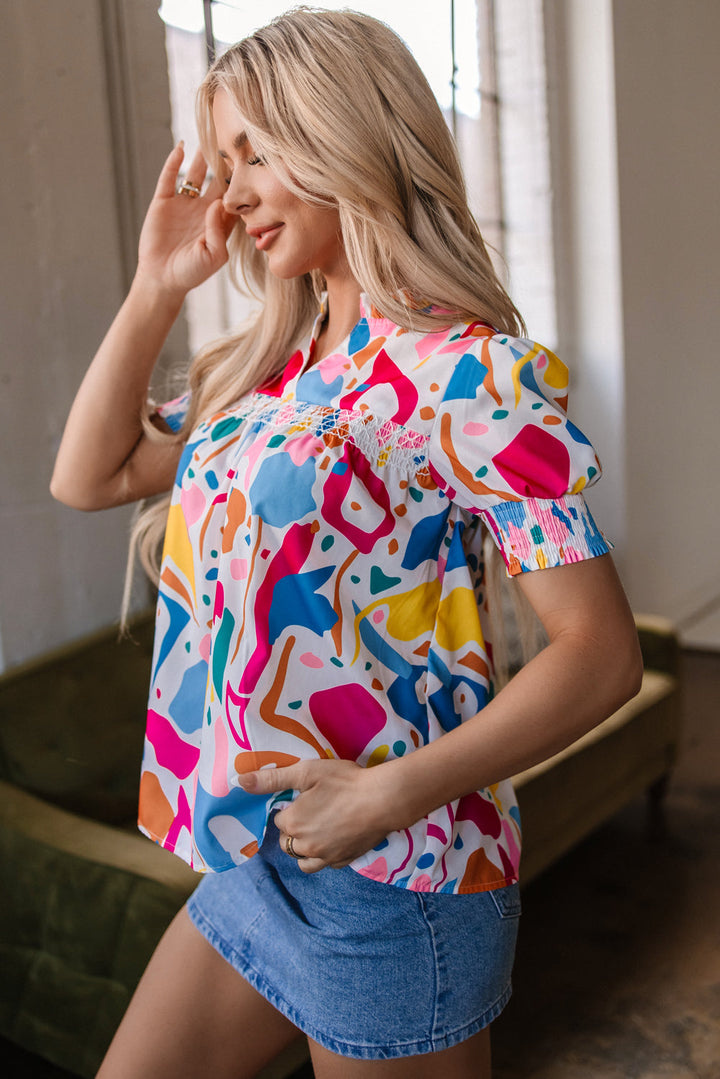 Abstract Print Lace Detail Shirred Short Sleeve Split Neck Blouse