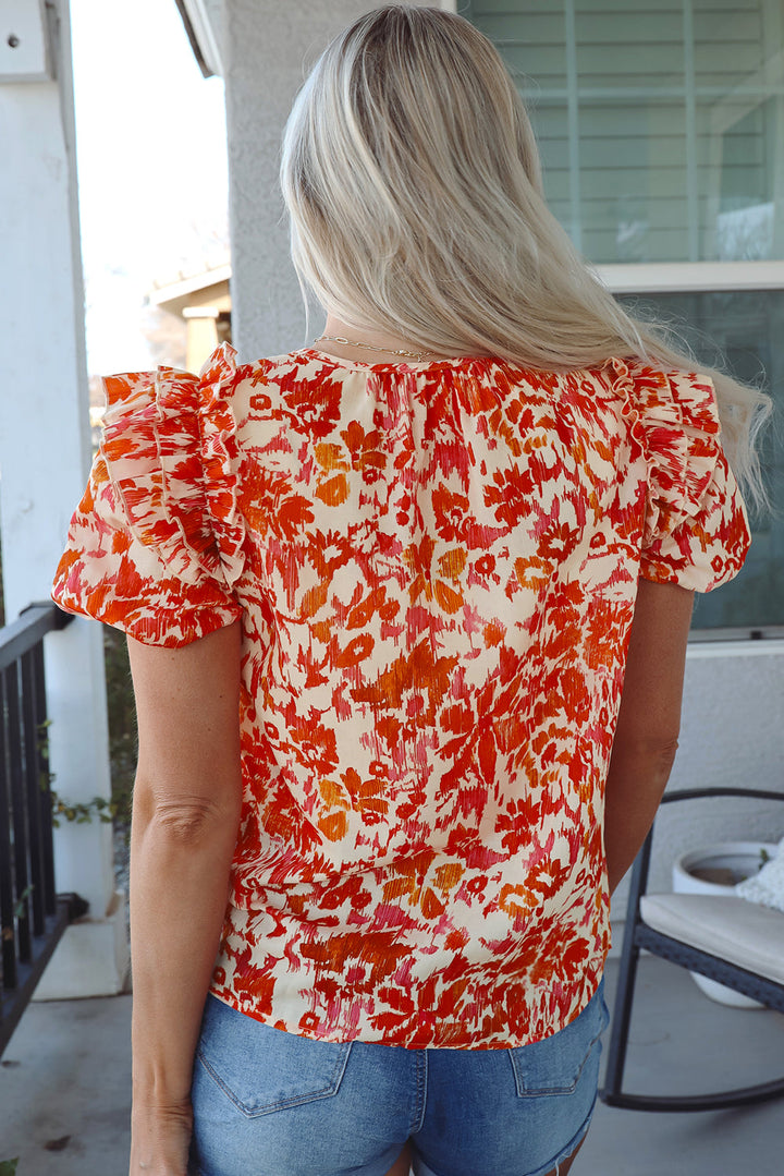 Floral Print Ruffled Short Puff Sleeve Split Neck Blouse