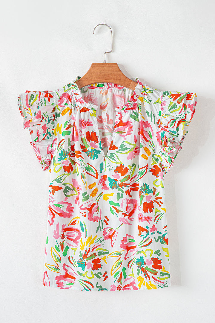 allover floral printed flutter sleeve split neck blouse