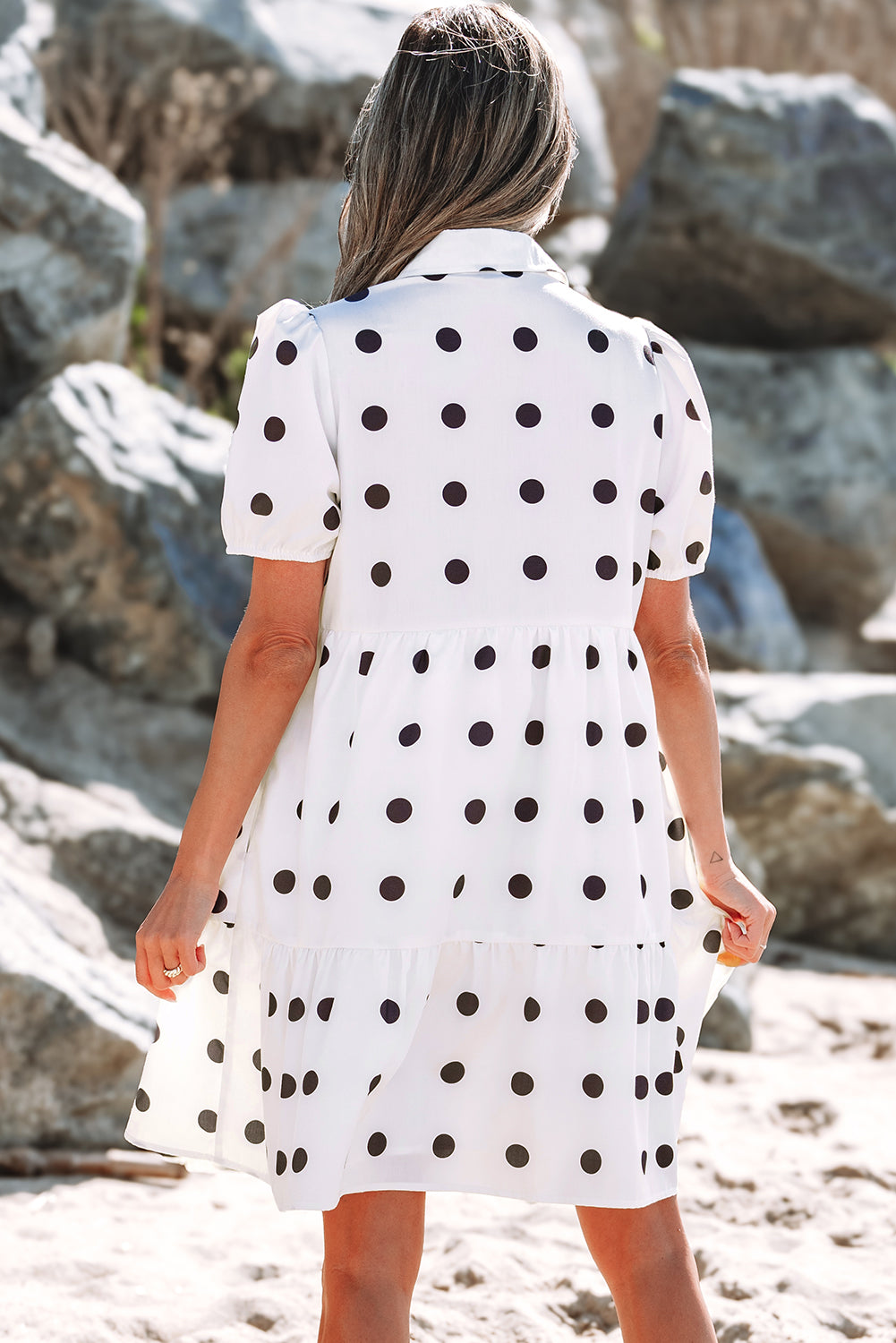 Polka Dot Print Short Sleeve Collar Buttoned Tiered Babydoll Dress