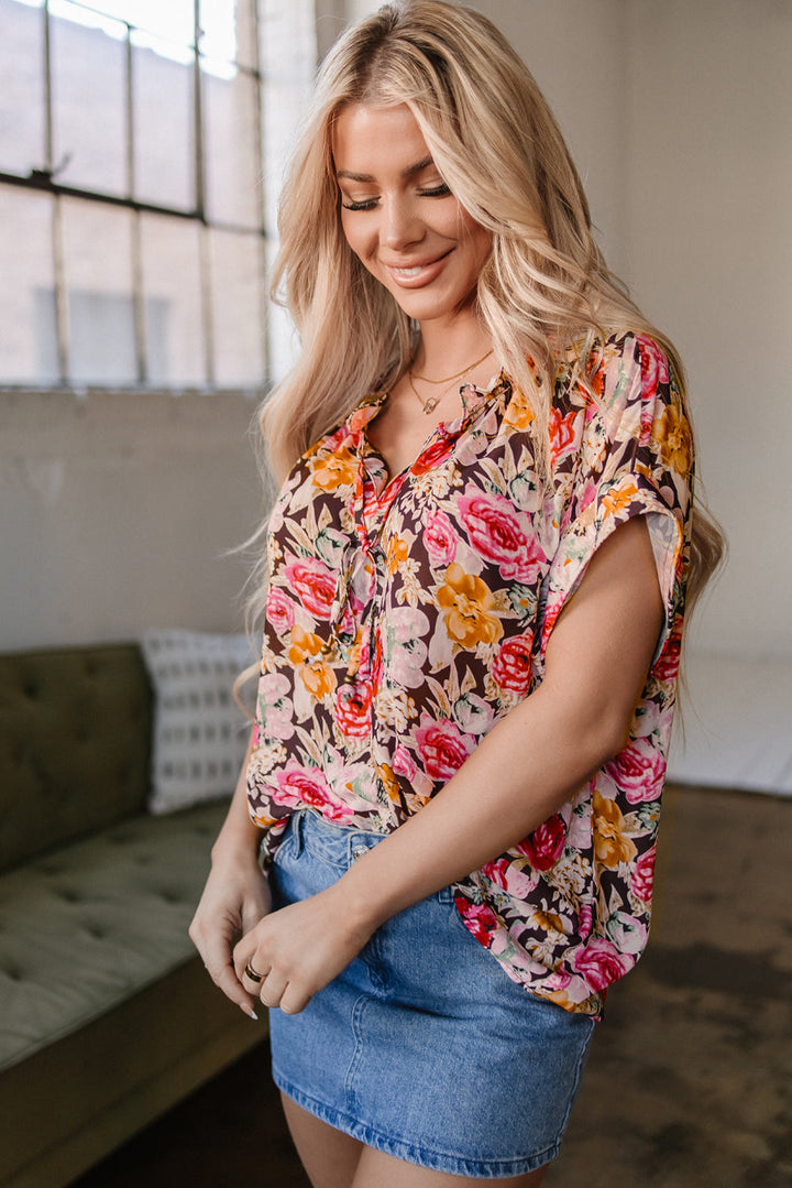Floral Print Crew Neck Short Sleeve Shift Blouse